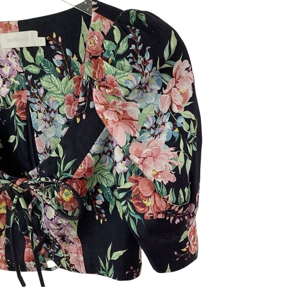 ZIMMERMANN Size 0 Bellitude Cropped Lace-up Floral Print Linen Top Shirt Blouse - Picture 7 of 12